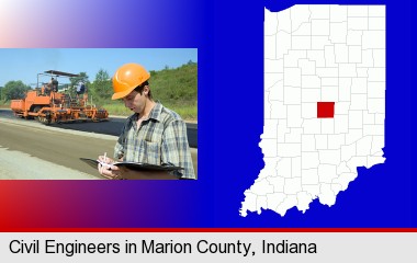 a civil engineer inspecting a road building project; Marion County highlighted in red on a map
