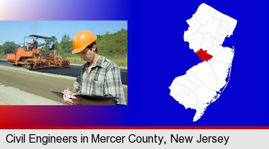 a civil engineer inspecting a road building project; Mercer County highlighted in red on a map
