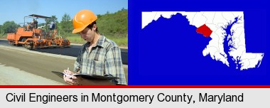 a civil engineer inspecting a road building project; Montgomery County highlighted in red on a map