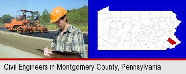 a civil engineer inspecting a road building project; Montgomery County highlighted in red on a map