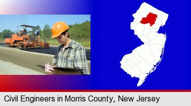 a civil engineer inspecting a road building project; Morris County highlighted in red on a map