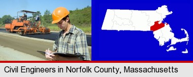 a civil engineer inspecting a road building project; Norfolk County highlighted in red on a map