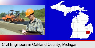a civil engineer inspecting a road building project; Oakland County highlighted in red on a map
