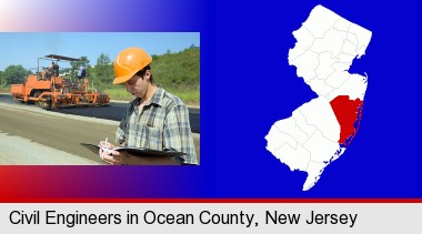 a civil engineer inspecting a road building project; Ocean County highlighted in red on a map