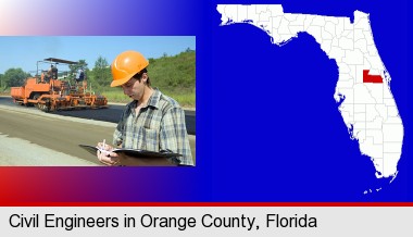 a civil engineer inspecting a road building project; Orange County highlighted in red on a map