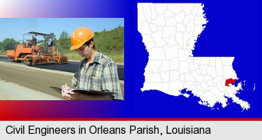 a civil engineer inspecting a road building project; Orleans Parish highlighted in red on a map