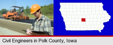 a civil engineer inspecting a road building project; Polk County highlighted in red on a map