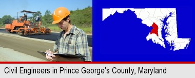 a civil engineer inspecting a road building project; Prince George's County highlighted in red on a map