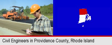 a civil engineer inspecting a road building project; Providence County highlighted in red on a map
