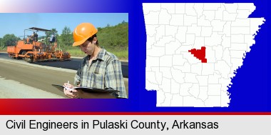 a civil engineer inspecting a road building project; Pulaski County highlighted in red on a map