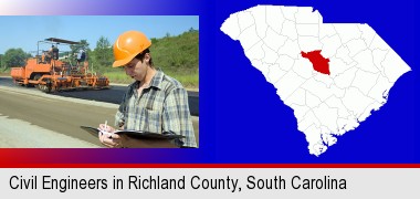 a civil engineer inspecting a road building project; Richland County highlighted in red on a map