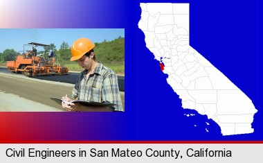 a civil engineer inspecting a road building project; San Mateo County highlighted in red on a map