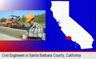 a civil engineer inspecting a road building project; Santa Barbara County highlighted in red on a map