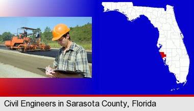 a civil engineer inspecting a road building project; Sarasota County highlighted in red on a map