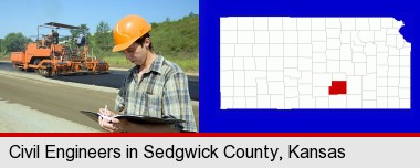 a civil engineer inspecting a road building project; Sedgwick County highlighted in red on a map