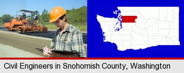 a civil engineer inspecting a road building project; Snohomish County highlighted in red on a map