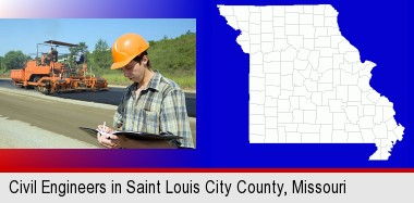 a civil engineer inspecting a road building project; St Louis City highlighted in red on a map