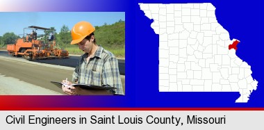 a civil engineer inspecting a road building project; St Francois County highlighted in red on a map