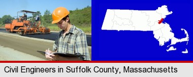 a civil engineer inspecting a road building project; Suffolk County highlighted in red on a map
