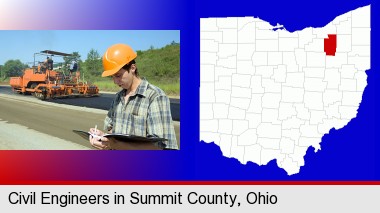 a civil engineer inspecting a road building project; Summit County highlighted in red on a map
