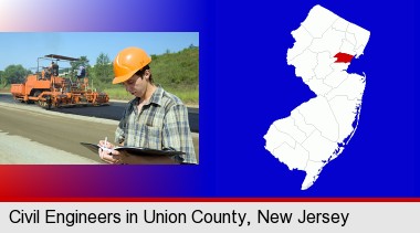 a civil engineer inspecting a road building project; Union County highlighted in red on a map