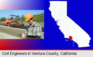 a civil engineer inspecting a road building project; Ventura County highlighted in red on a map