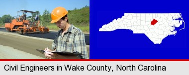 a civil engineer inspecting a road building project; Wake County highlighted in red on a map