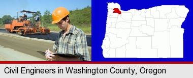 a civil engineer inspecting a road building project; Washington County highlighted in red on a map