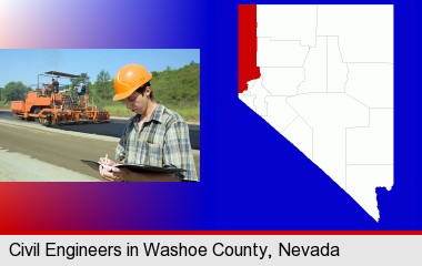 a civil engineer inspecting a road building project; Washoe County highlighted in red on a map