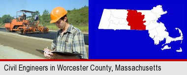 a civil engineer inspecting a road building project; Worcester County highlighted in red on a map